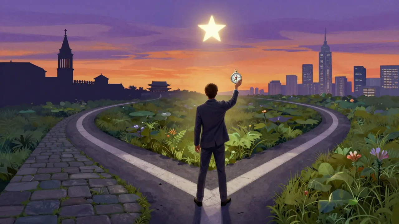 Illustration of a person at a crossroads of three paths representing different cultural perspectives on knowledge.