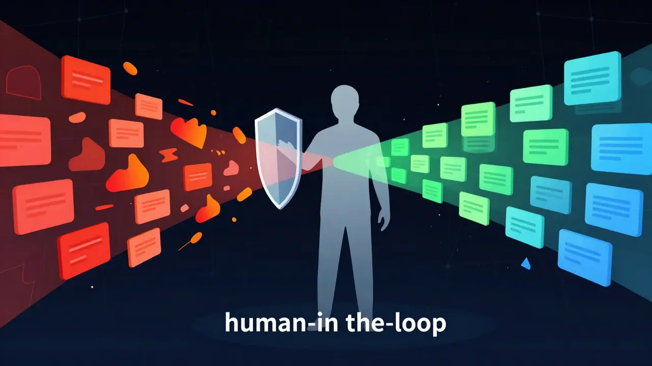 Illustration of a person filtering out chaotic data streams to allow organized information through