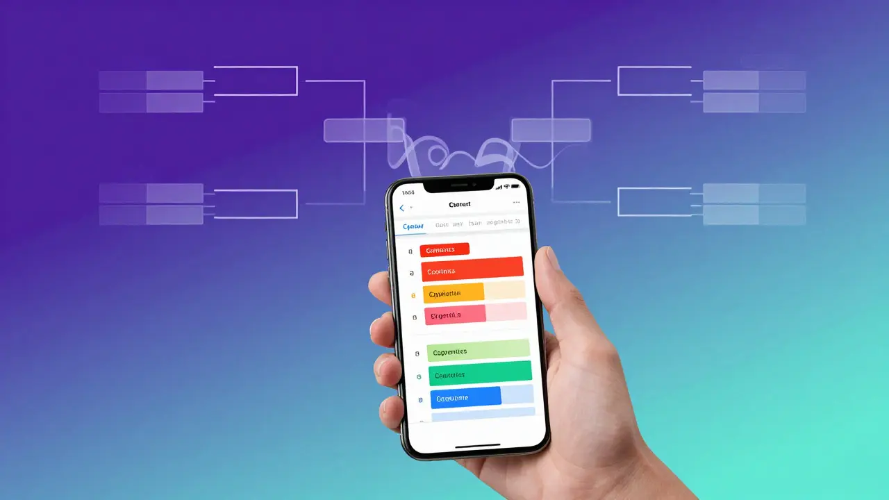 Illustration of a phone displaying simple colored blocks, with complex brackets fading away above.