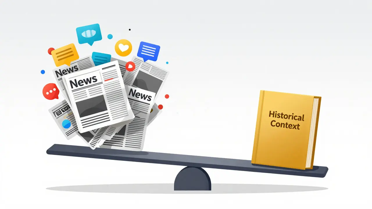 Illustration of a scale balancing heavy news clippings against a single history book