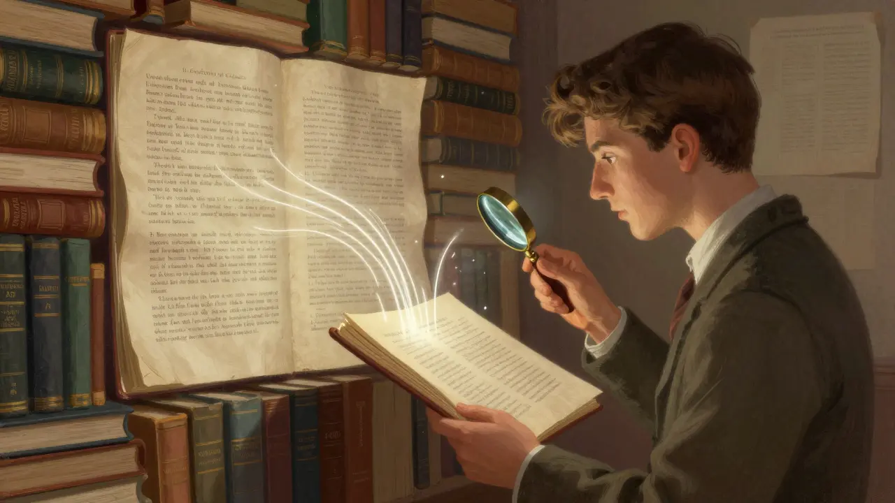 Illustration of a student verifying historical sources for an article