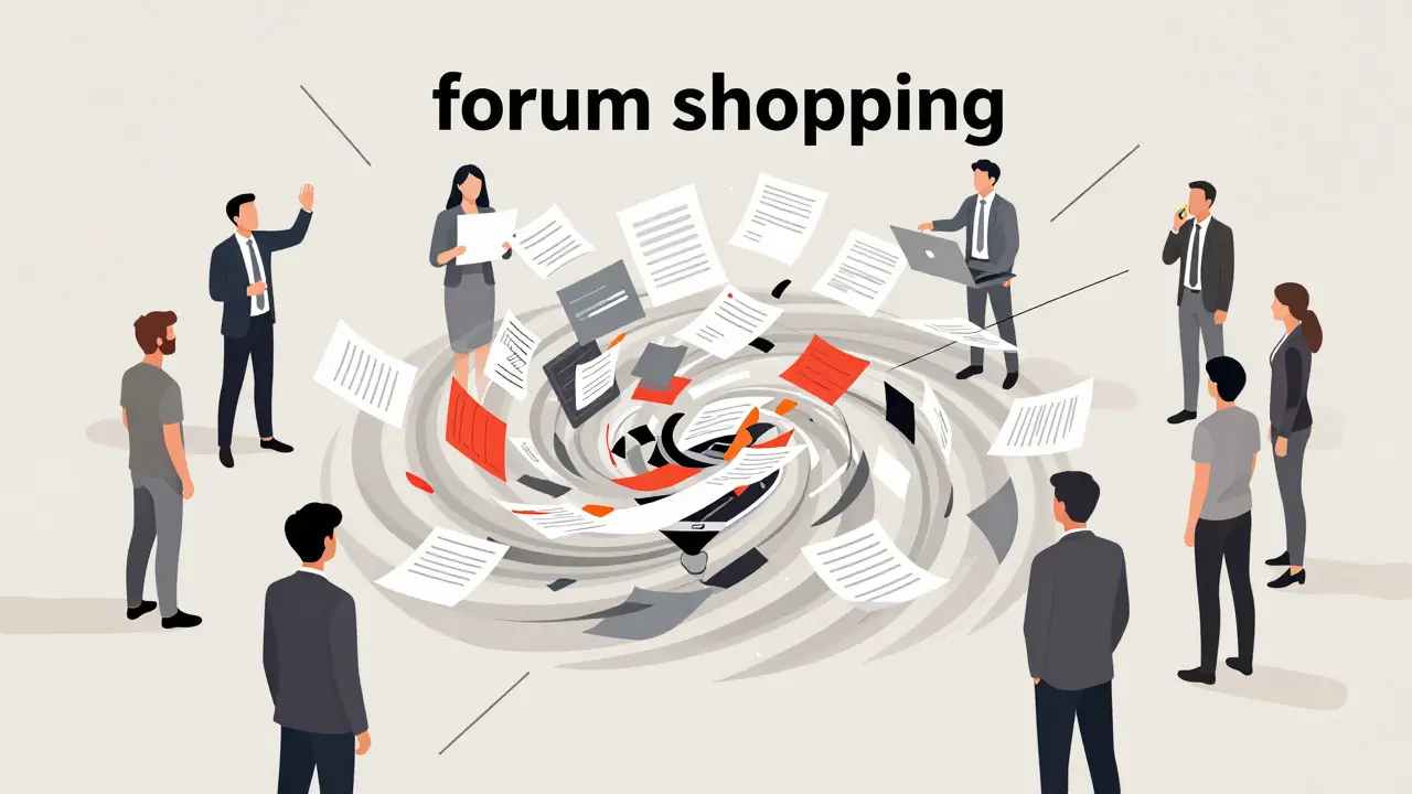 Illustration of chaotic documents swirling into a funnel, symbolizing confused policy debates