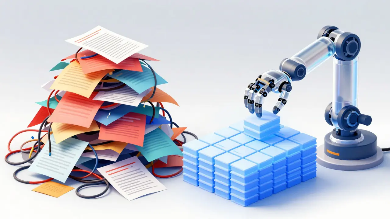 Illustration of chaotic raw data being organized into a structured grid by a robotic arm