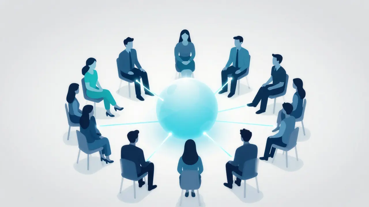 Illustration of diverse figures connected by glowing lines representing consensus and collaborative discussion