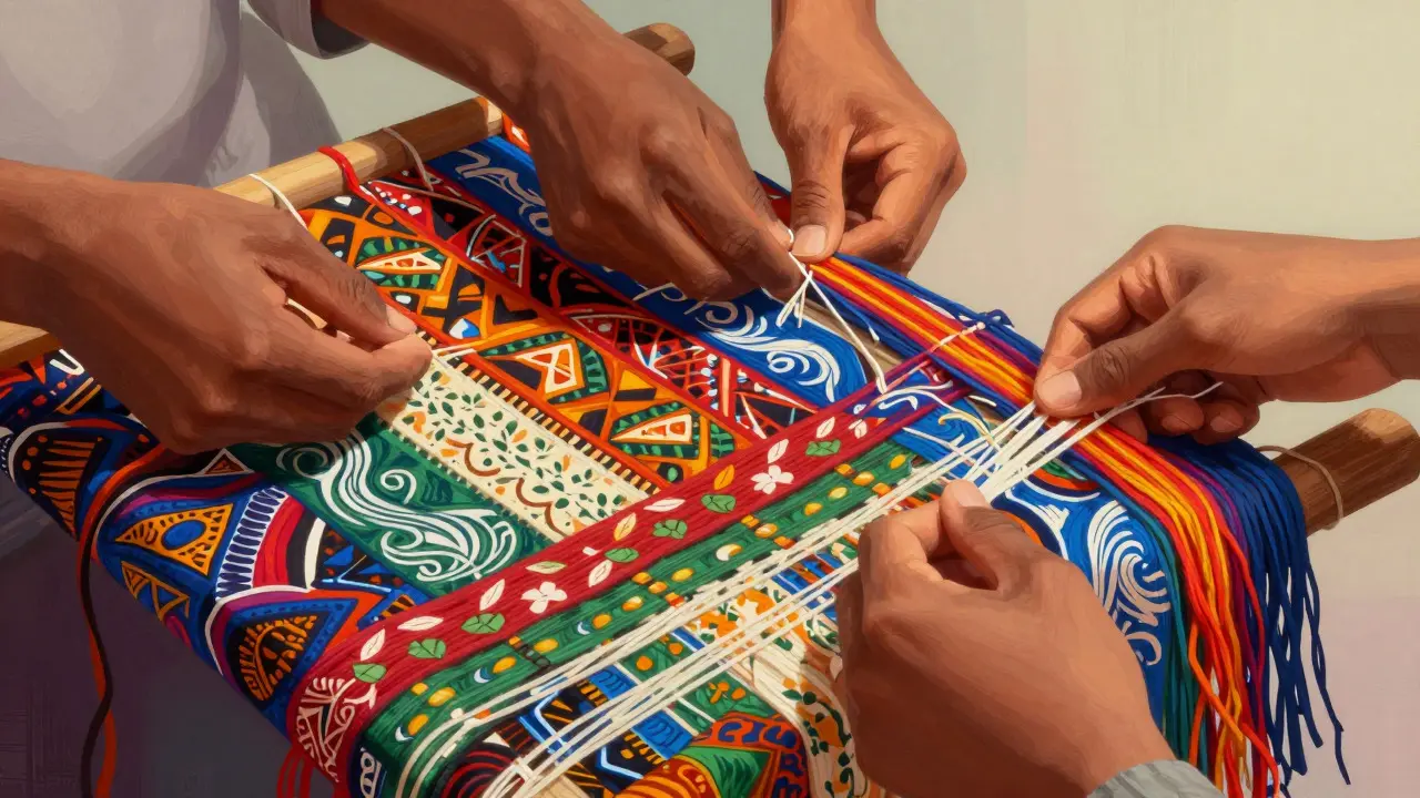 Illustration of diverse hands weaving a colorful cultural tapestry together