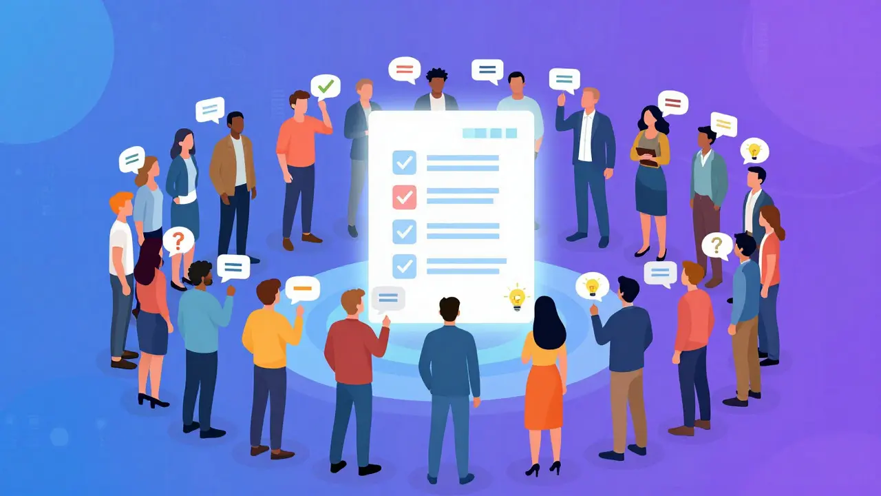 Illustration of diverse people collaborating around a central document in a circle