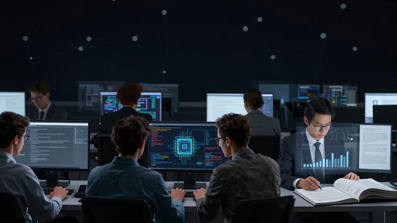 Illustration of editors focusing on technical schematics versus legal and social reports