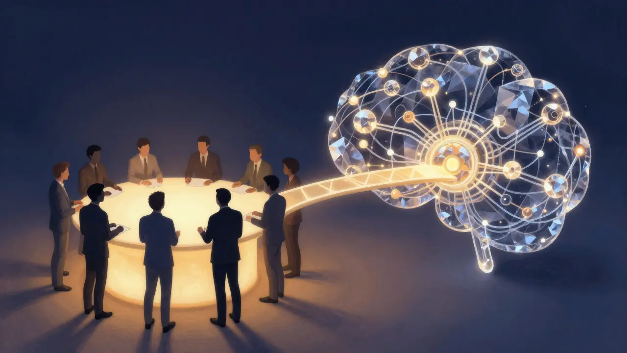 Illustration of human editors collaborating with a crystalline AI structure