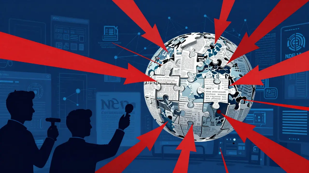 Illustration of media influence distorting an encyclopedia structure