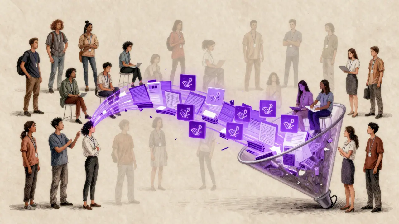 Illustration of volunteer editors feeding data into an AI processing funnel
