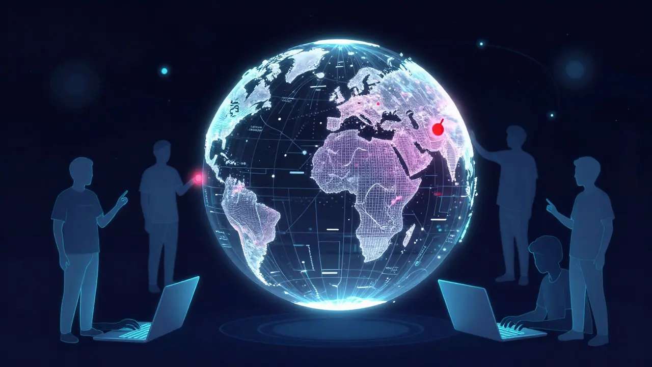 Illustration of volunteers collaborating with AI system to manage global data network