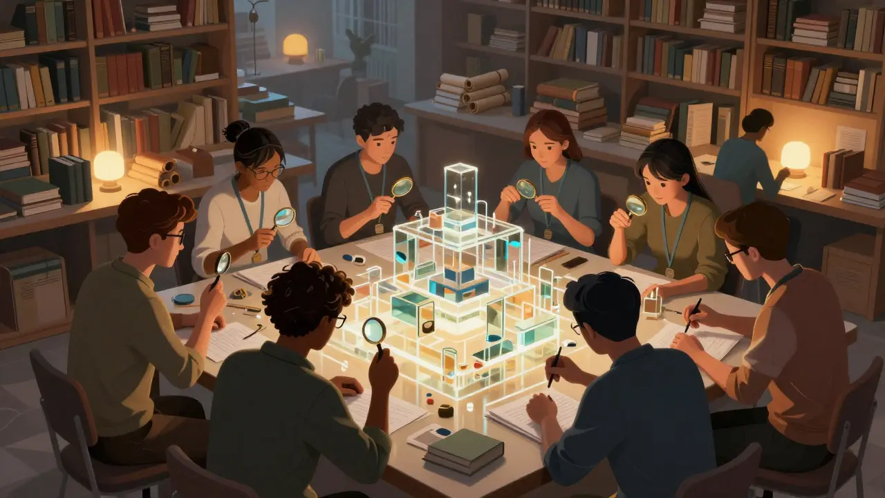 Illustration of volunteers collaboratively editing and refining a complex knowledge structure