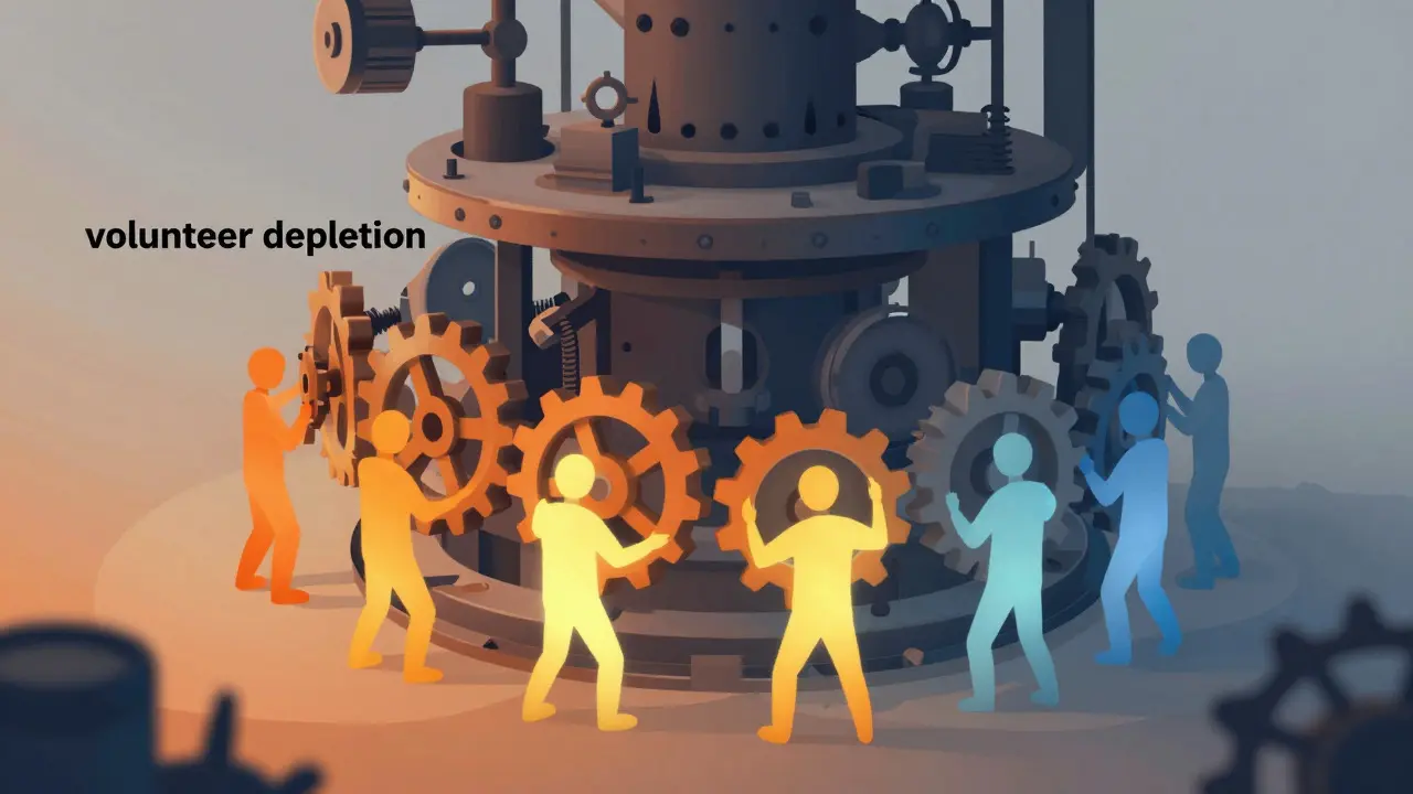Illustration of volunteers straining to hold up a complex machine as others leave