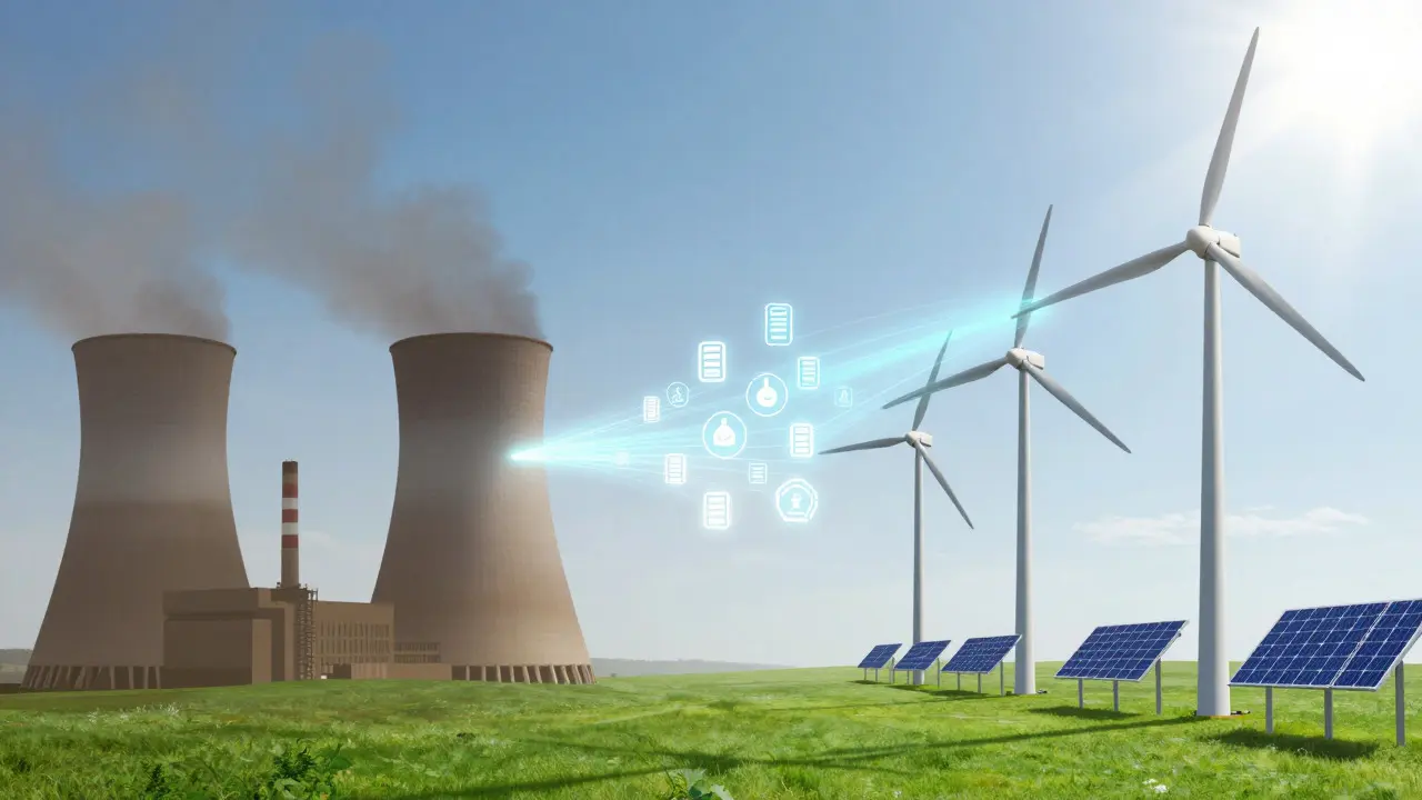Illustration showing wind turbines and solar panels powering digital servers