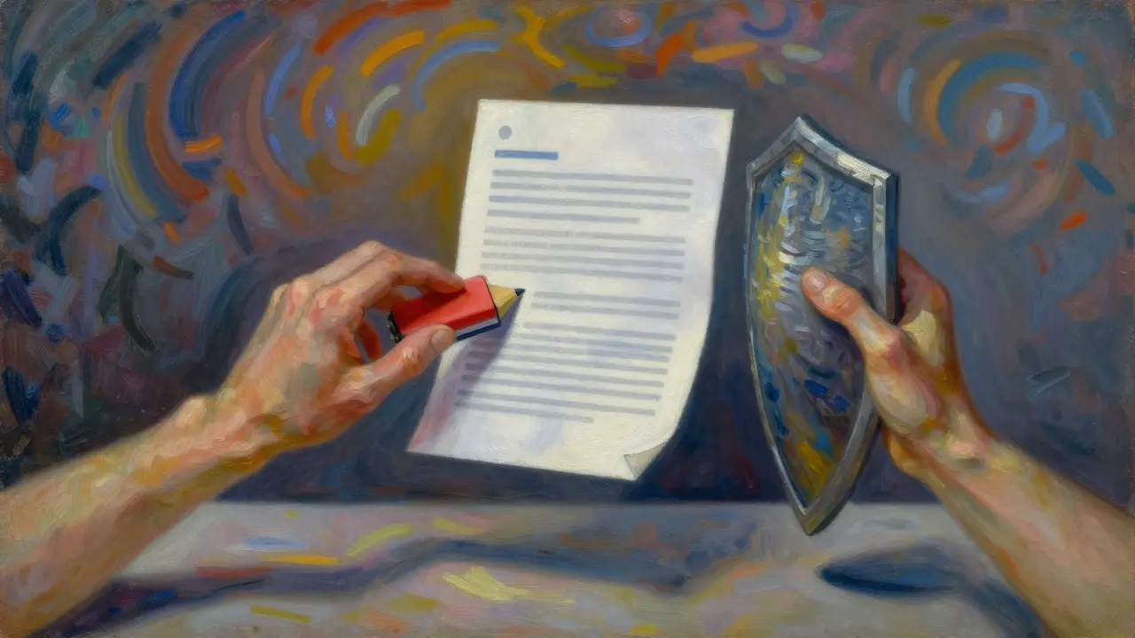 Impressionist painting of two hands contesting a digital document, one erasing, one shielding