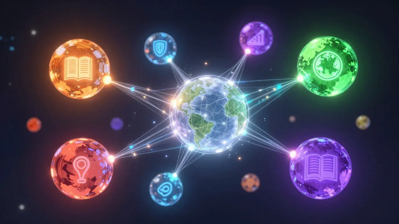 Interconnected colorful spheres linked by light beams illustrating a decentralized knowledge network