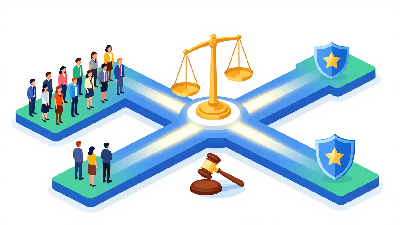 Isometric diagram of three oversight paths merging into a scale