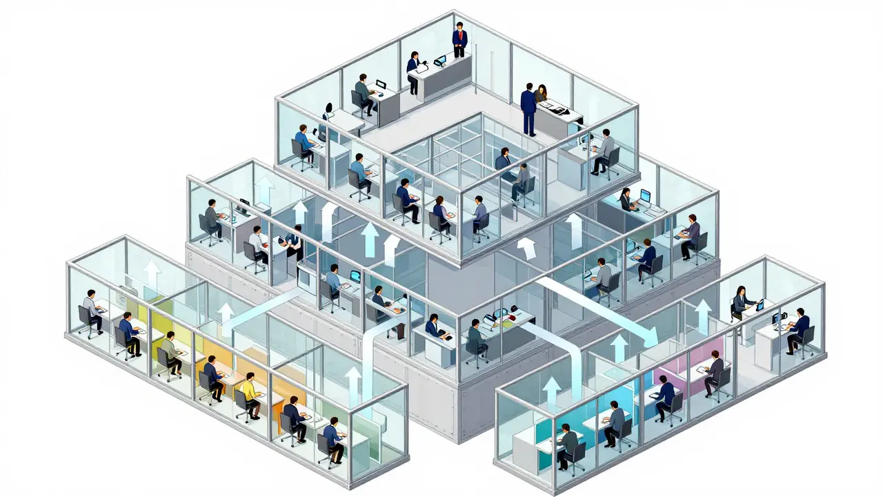 Isometric illustration of a hierarchical governance structure with lower and upper levels