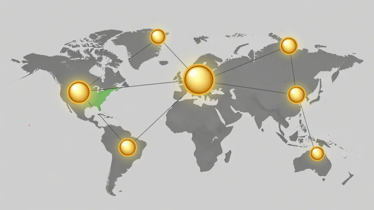 Isometric map with glowing nodes connected by lines representing news trends