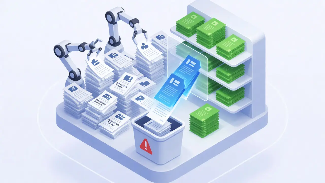 Isometric view of robotic arms sorting chaotic papers into organized, glowing open-access library shelves.