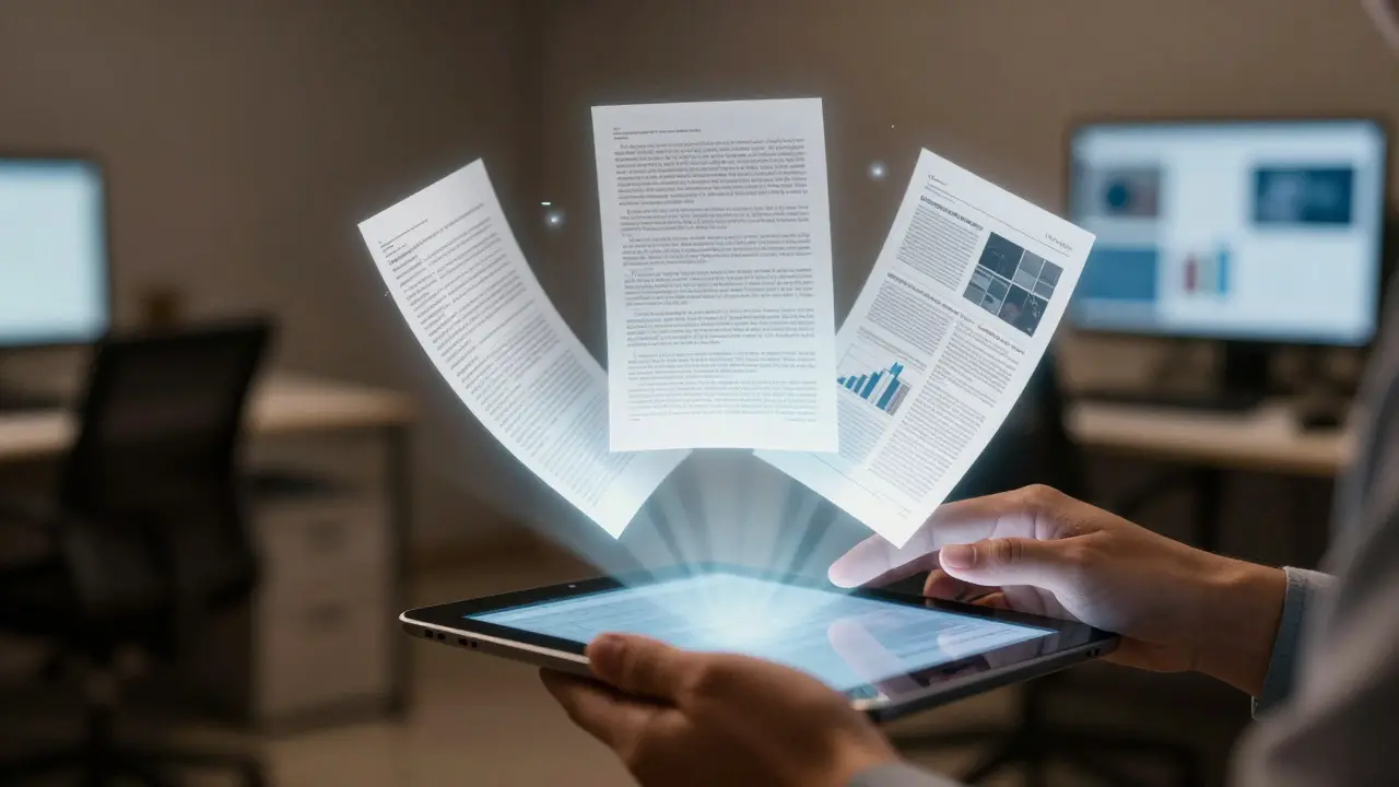 Journalist analyzing a holographic projection of three different document styles in a newsroom