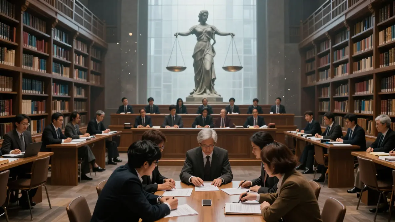 Library scene illustrating escalating levels of dispute resolution from discussion to arbitration