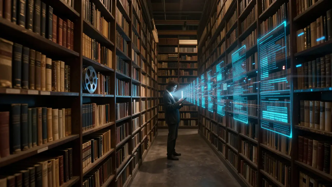 Library scene transitioning from old physical books to glowing digital data streams, representing archival access