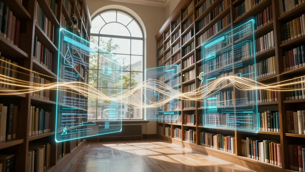 Library shelves intertwined with glowing holographic data streams symbolizing automated citations