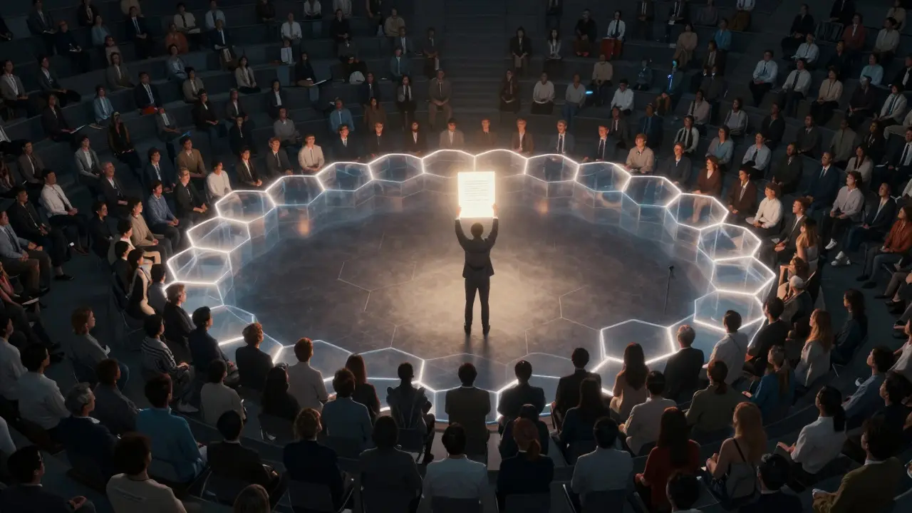Lone figure holding a bright document in a large circle of glowing hexagons