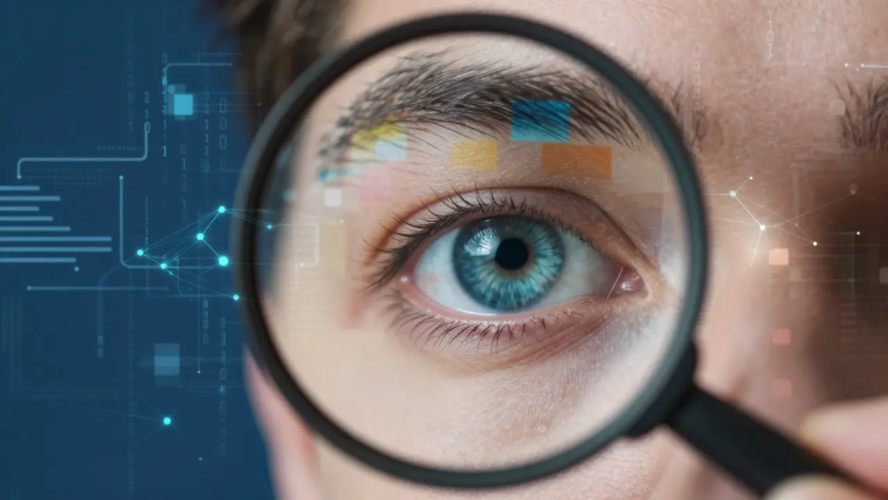 Macro shot of an eye viewing complex data through a lens filtered by algorithmic patterns