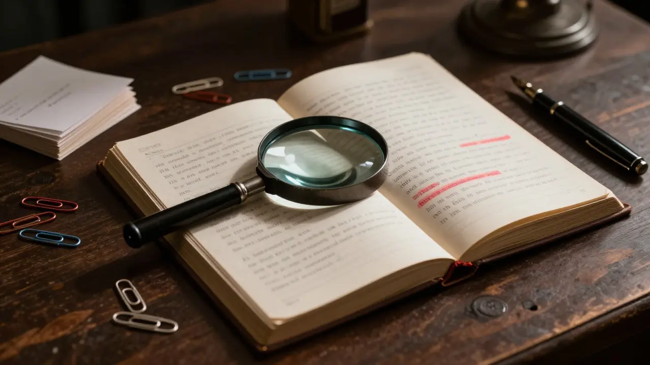 Magnifying glass focusing on a line in an open ledger book