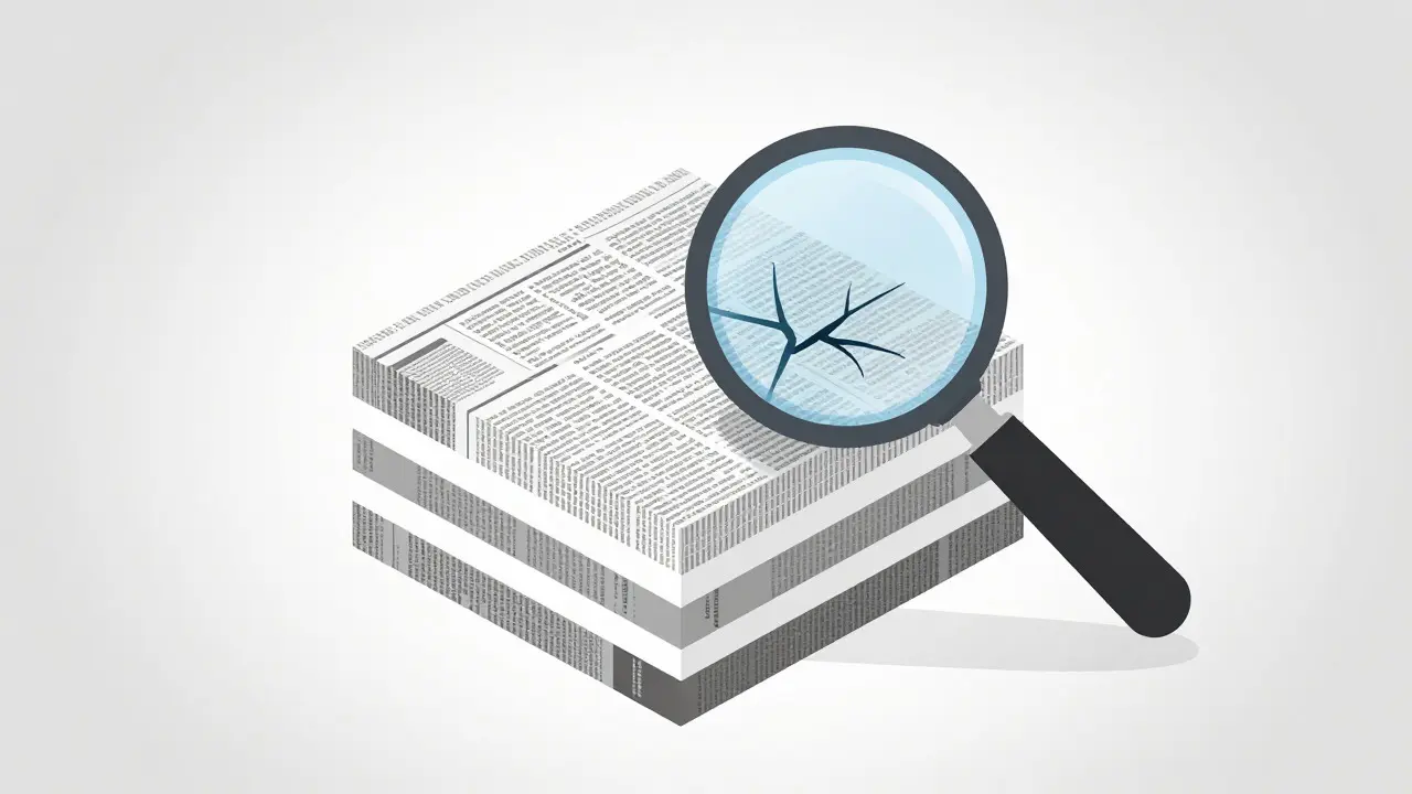 Magnifying glass inspecting layered data sources including encyclopedia content