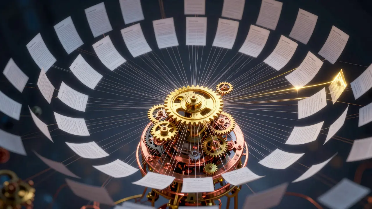 Mechanical gears connected to floating papers illustrating template transclusion