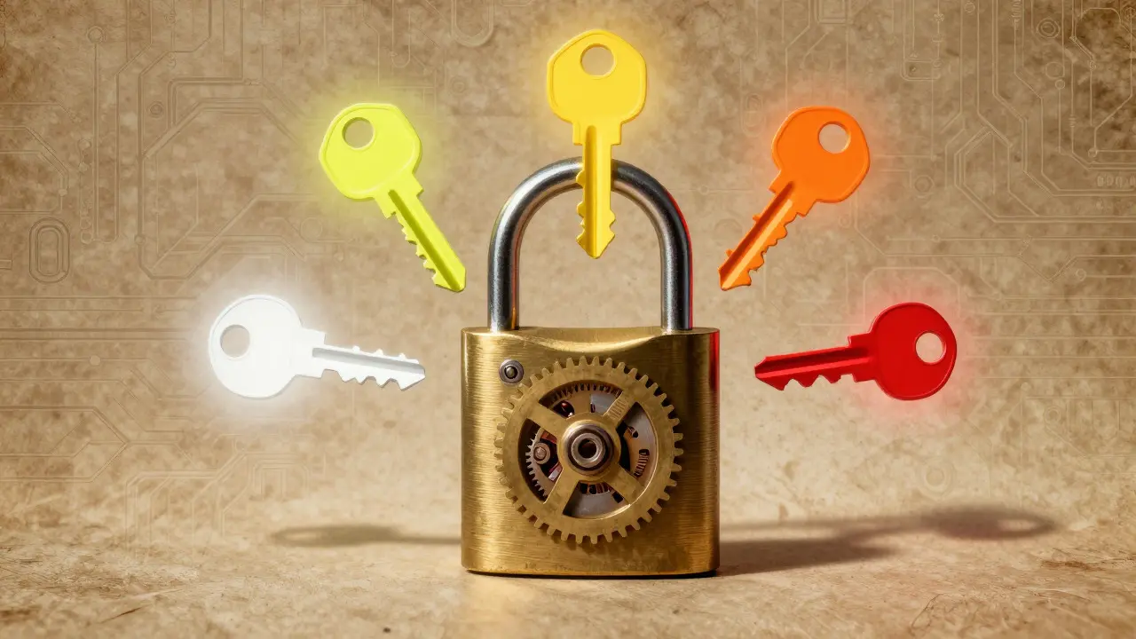 Mechanical lock surrounded by glowing keys of varying colors representing permission levels