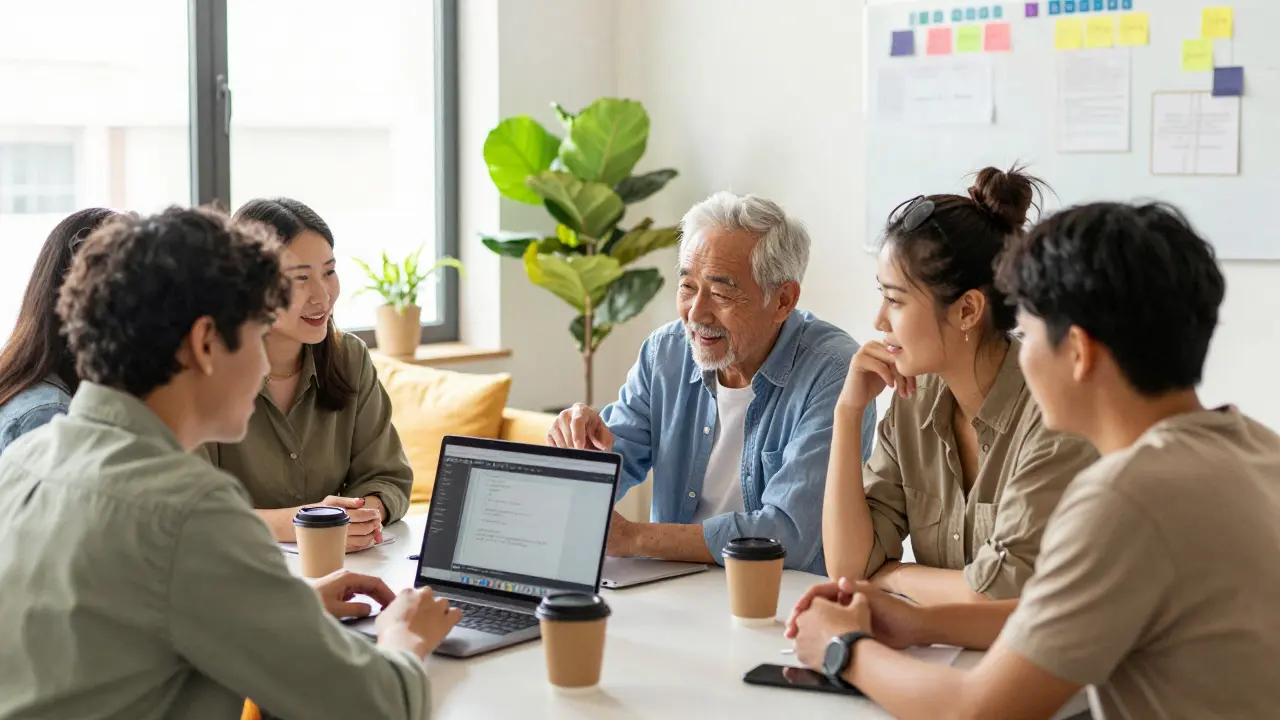 Mentor guiding a new contributor during a bright, collaborative community session