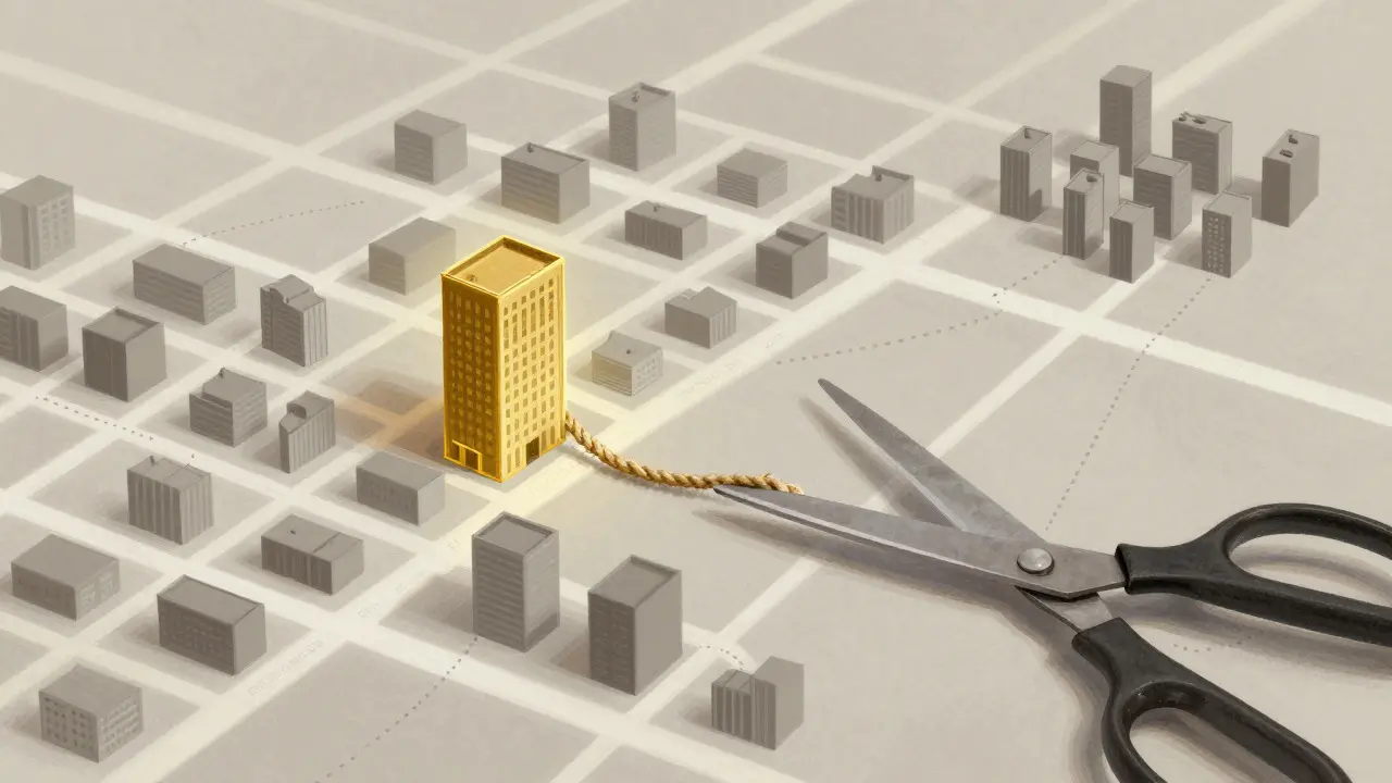 Metaphorical city map showing separated topics with a golden highlight and cutting tool
