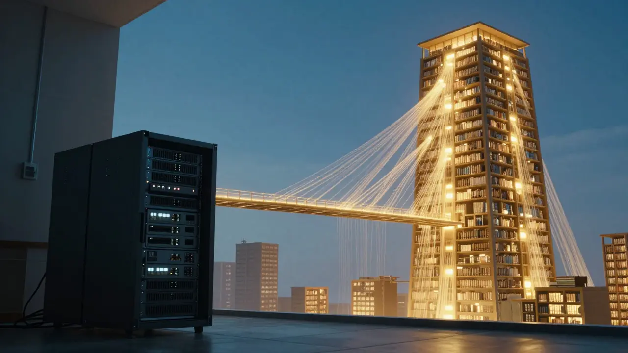 Metaphorical image of a small server merging into a large, bright library tower via a light bridge