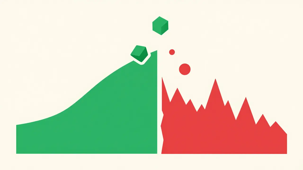 Minimalist graphic contrasting a smooth green curve with a chaotic red line separated by a jagged divide