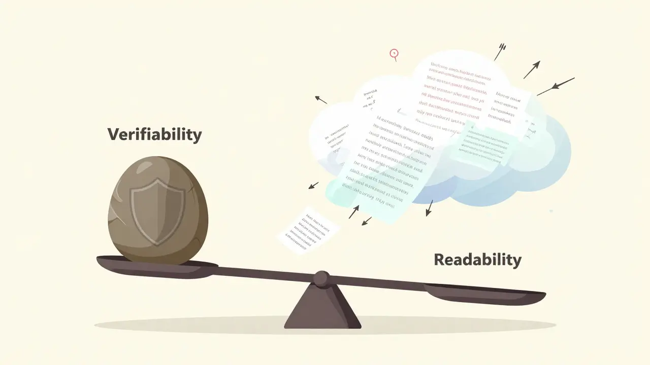 Minimalist illustration of a balance scale tipping towards a heavy stone of verifiability over a light cloud of readability