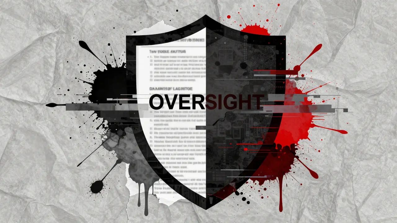 Mixed-media collage of a shield with document layers symbolizing admin oversight and accountability