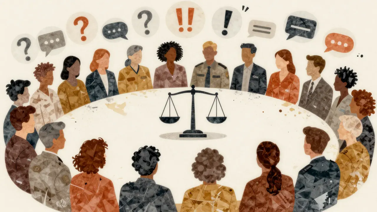 Mixed-media collage of diverse silhouettes surrounding a balanced scale, symbolizing community consensus and NPOV.
