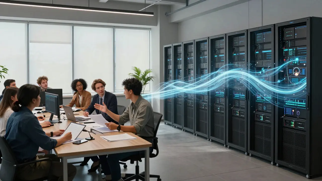 Modern office space showing collaboration between human editors and AI server systems
