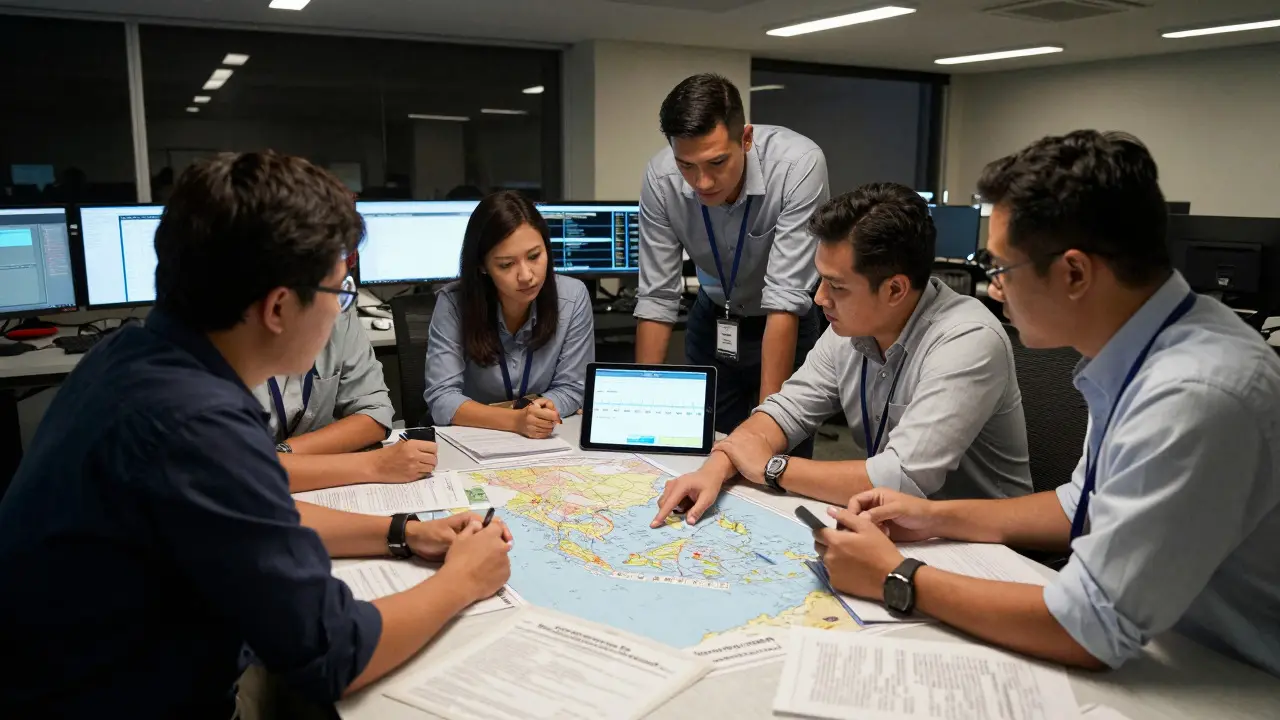 Newsroom team analyzing maps and documents during an investigation