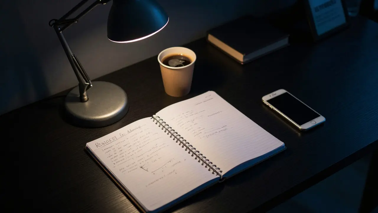 Nighttime desk scene with notebook and lamp showing dedicated study
