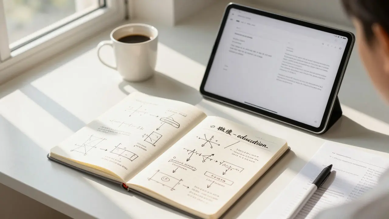 Notebook with math sketches and a tablet on a sunlit desk