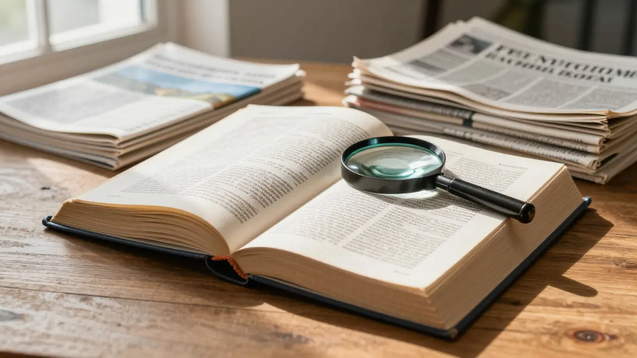 Open encyclopedia book with a magnifying glass next to scientific journals