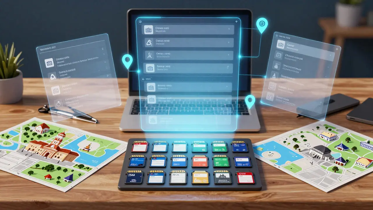 Organized desk with maps and digital overlays representing photo metadata