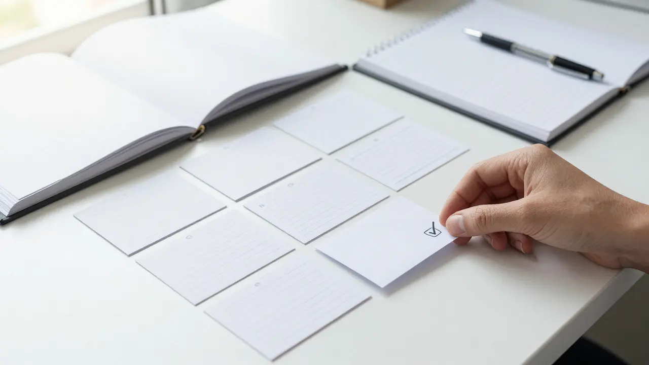Organized desk with notebooks and index cards being sorted by a hand