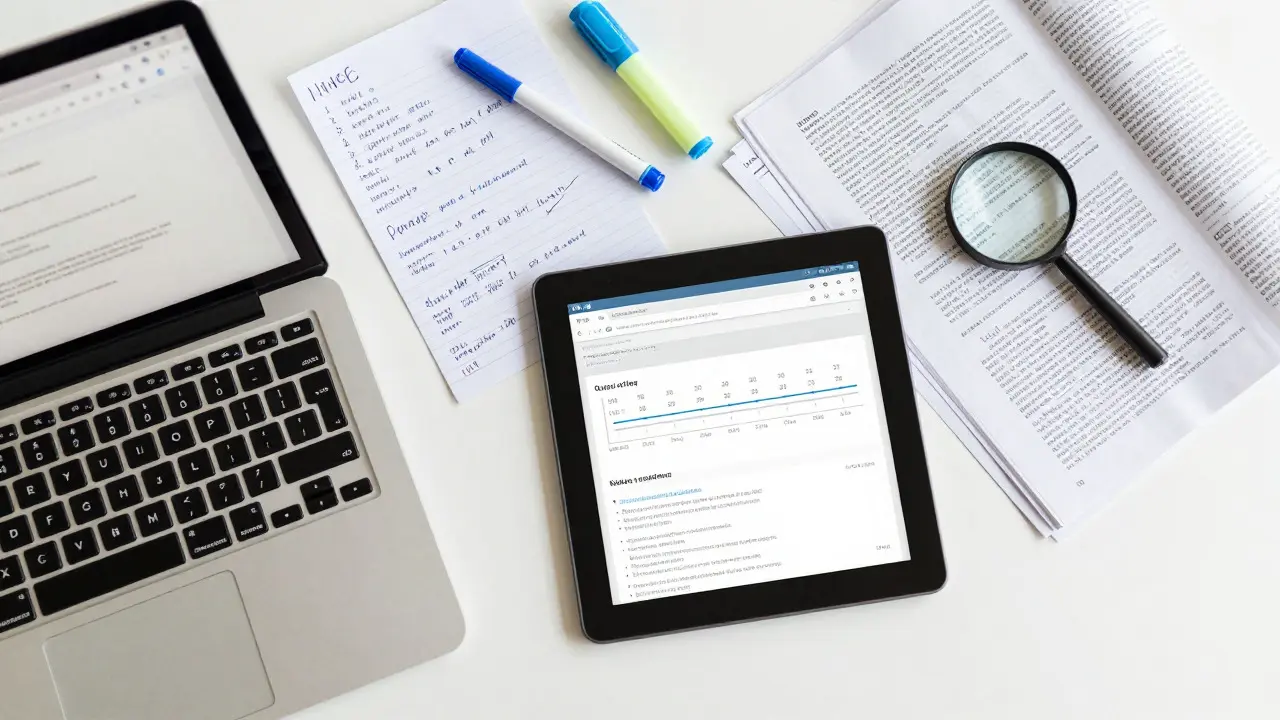 Overhead view of a reporter's desk with research tools and documents