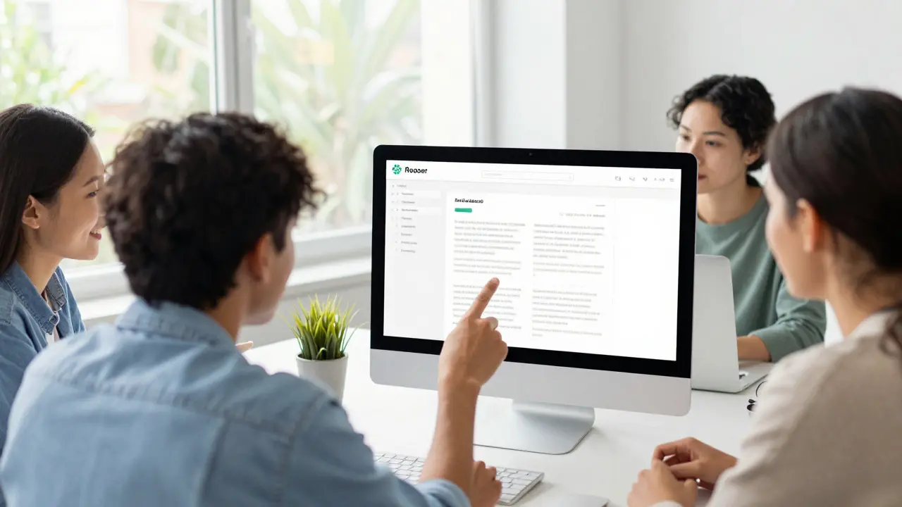 People collaborating around a desktop monitor displaying a simplified article layout in a bright office